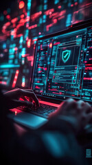 Poster - A person is typing on a laptop computer with a red and blue background. Concept of urgency and importance, as the person is likely working on a critical task or project