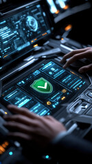 A person is typing on a computer screen with a green shield on it. The shield is a symbol of protection and security. The person is focused on their work, possibly typing a report or an email