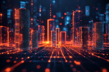 Leinwandbilder - A futuristic city skyline rendered in a digital style with glowing lines and abstract shapes.