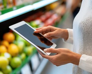 A person using a tablet to browse in a grocery store, surrounded by fresh produce, demonstrating modern shopping techniques.