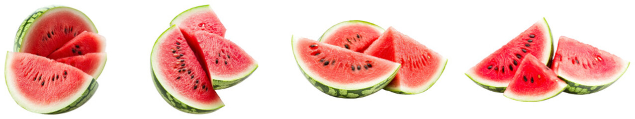 Wall Mural - Fresh watermelon slices arranged on a white background for summer joy. Set of png on transparent background