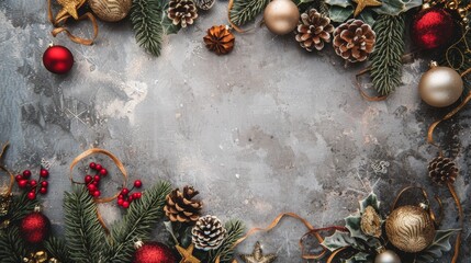 Wall Mural - A festive Christmas background featuring pine cones, ornaments, and evergreen branches arranged on a rustic gray surface.