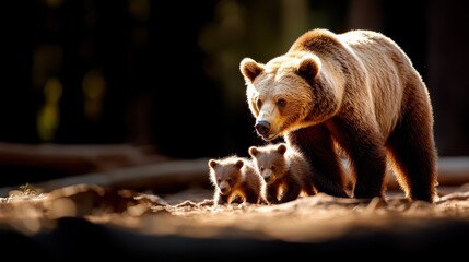 A mother bear walks confidently with her two playful cubs down a sunlit forest path, depicting themes of family, nurture, and wilderness.