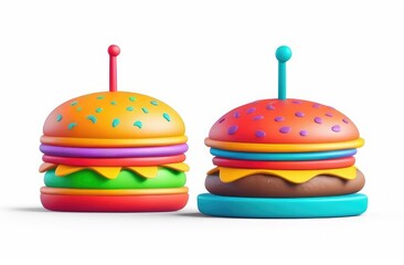 two Tasty hamburger on white, burger 3d icon. American fast food. Cartoon illustration.