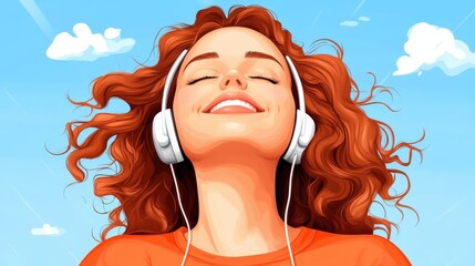 A red-haired woman listens to music with large headphones, eyes closed and smiling blissfully under a bright blue sky, capturing a moment of pure joy and relaxation.