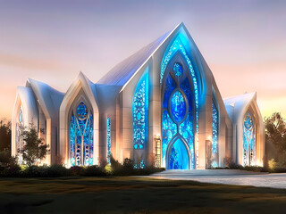 AI-Generated image of A large, white church with blue stained glass windows. The windows are lit up, creating a serene and peaceful atmosphere. The church is surrounded by a lush green lawn