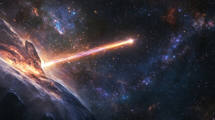 Canvas Print - Shooting star with a bright trail passing through the Milky Way, with distant galaxies and colorful stardust generative ai