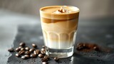 Spanish latte with espresso, milk, and condensed milk in a heatproof glass.