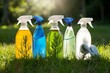 © graphicparadise1 - A row of colorful bottles of cleaning products sit on grass