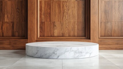 Poster - A round marble pedestal against a wooden wall, showcasing elegant design and texture in a minimalist setting.