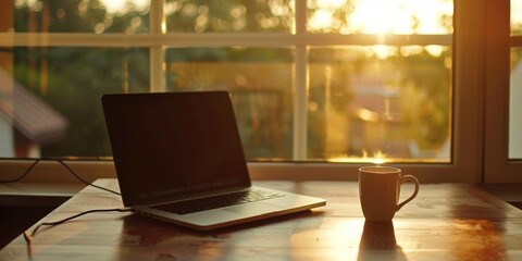 Poster - Simple morning work desk with laptop and coffee cup.