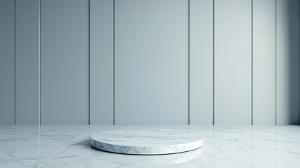 Poster - A minimalistic interior scene featuring a circular platform on a smooth, light-colored floor with vertical paneling in the background.