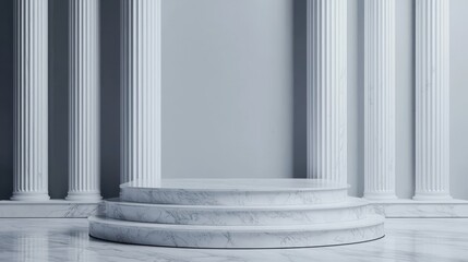 Poster - A minimalist scene featuring elegant marble columns and a circular pedestal, set against a soft gray backdrop.