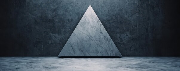 Poster - A minimalistic triangle sculpture set against a dark textured background, illuminated from above, creating a dramatic and modern aesthetic.
