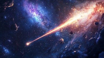 Canvas Print - Shooting star with a bright trail passing through the Milky Way, with distant galaxies and colorful stardust generative ai