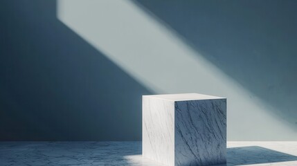Poster - A minimalist scene featuring a marble cube casting a shadow on a textured surface, illuminated by soft light against a muted background.