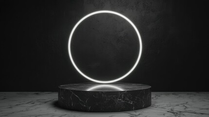 Poster - A glowing circular neon light hovers above a dark marble pedestal in a minimalist setting, creating a modern and artistic ambiance.