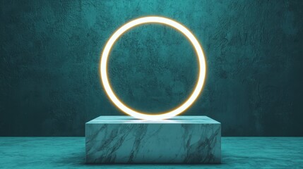 Poster - A glowing circle rests atop a marble pedestal in a dimly lit, textured room, creating a modern, artistic atmosphere.