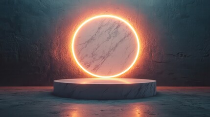Poster - A glowing circular neon light encircles a marble platform in a dark, atmospheric setting, creating a striking visual contrast and modern aesthetic.