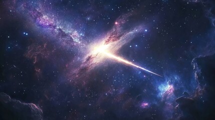 Canvas Print - Shooting star with a bright trail passing through the Milky Way, with distant galaxies and colorful stardust generative ai