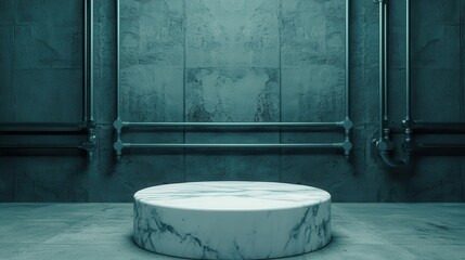 Poster - A minimalist room featuring a circular marble podium against a textured turquoise wall, evoking a modern, industrial aesthetic.