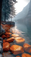 Poster - Serene Mountain Lake with Autumn Trees Reflected in Calm Waters at Sunrise : Generative AI
