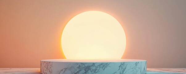 Poster - A glowing sphere illuminates a marble pedestal against a soft backdrop, creating a serene and modern aesthetic.
