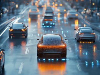 Wall Mural - A futuristic electric car drives on a wet city road at night, with other cars in the distance and streetlights in the background.