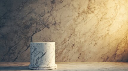 Poster - A marble pedestal against a textured wall, illuminated softly to highlight its elegant surface and shadows, creating a serene, minimalist aesthetic.