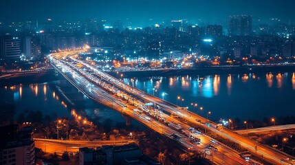 Poster - Nighttime Cityscape with Illuminated Highway and Reflections on Water : Generative AI