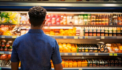 Back of a young man, looking at juice in the grocery store