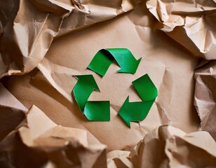 Green metallic recycling symbol centered on crumpled brown kraft paper