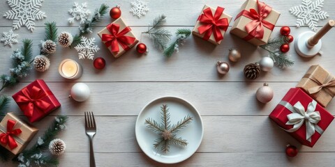 Wall Mural - Christmas table setting with craft plate gift boxes, festive decorations, and copy space on light background, Christmas, holiday