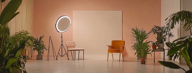 Aufkleber - Modern Stylish Interior with Studio Lights and Green Plants in Minimalist Design for Creative Spaces : Generative AI