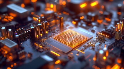 Poster - Glowing Computer Circuit Board with Microchip in Futuristic Design : Generative AI