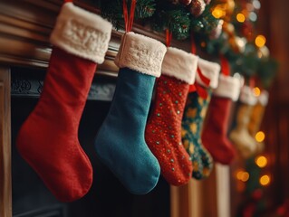 Wall Mural - Christmas stockings hanging on a fireplace with festive garlands focus on, cozy holiday, whimsical, composite, fireplace backdrop