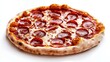 © Alpha - A rustic-style pepperoni pizza, perfectly round with a golden-brown crust, sizzling pepperoni and melted cheese, isolated on a clean white backdrop