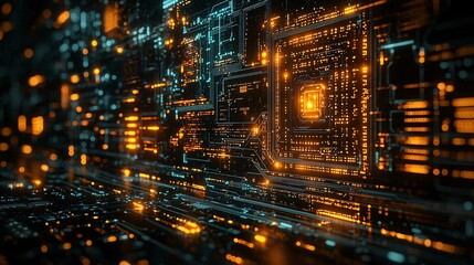 Poster - Abstract Futuristic Circuit Board with Glowing Orange and Blue Lights