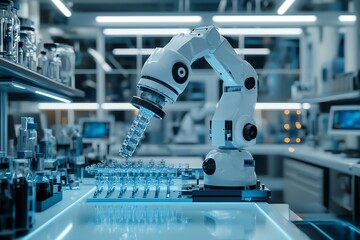 Fototapete - A robotic arm in a laboratory setting, working with test tubes and other scientific equipment.