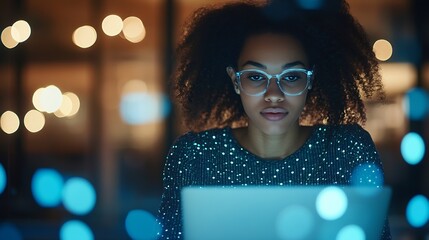 Aufkleber - Focused woman working on laptop with bokeh lights in background office : Generative AI