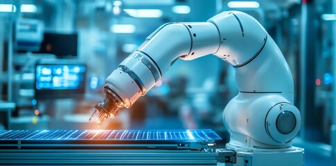 Fototapete - A robotic arm working on a production line in a modern factory.