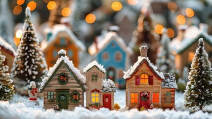 Wall Mural - A small town with houses and trees covered in snow. The houses are decorated for Christmas and there are lights on the trees