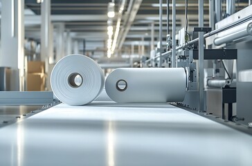 Leinwandbilder - Automated Fabric Production Line with Rolls of White Textile Material : Generative AI