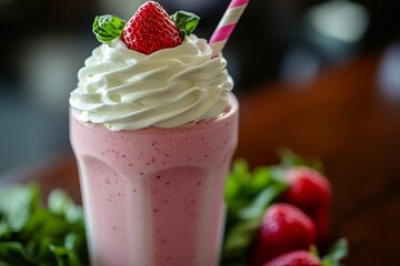 Aufkleber - Creamy strawberry milkshake with fresh topping and striped straw in vibrant setting : Generative AI