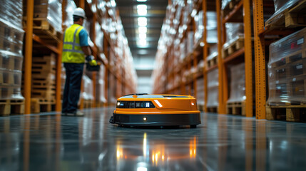 Poster - Warehouse robot moving goods while a worker supervises in the background, highlighting the blend of human oversight and automation in logistics.