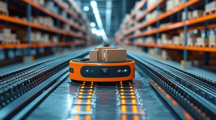 Poster - Autonomous robot on conveyor system in fulfillment center. Small autonomous robot moves packages on a conveyor system in a high-tech fulfillment center, showcasing modern logistics automation.