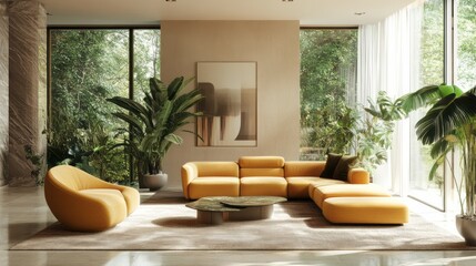 A chic modern living room with beige walls, mustard yellow fabric furniture, and olive green indoor plants