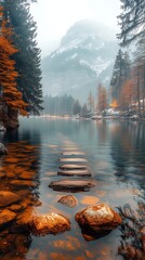 Aufkleber - Stepping Stones Across Tranquil Lake Surrounded by Fall Foliage and Mountains : Generative AI