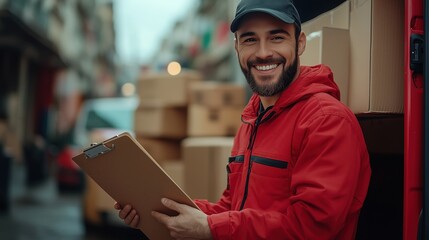 courier holding package and clipboard in city. courier in a red jacket holds a clipboard and package