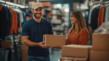 Happy customers receiving package in store. Smiling man and woman exchanging a package in a retail store, showcasing customer service, e-commerce, and order fulfillment.